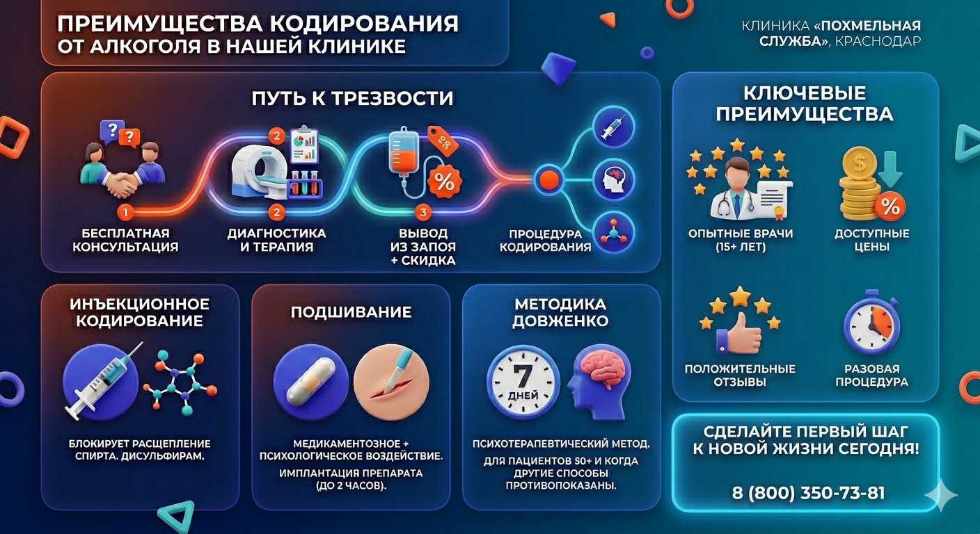Инфографика о методах кодирования от алкоголя в Липецке: инъекции, подшивание, метод Довженко. Преимущества клиники и этапы лечения.