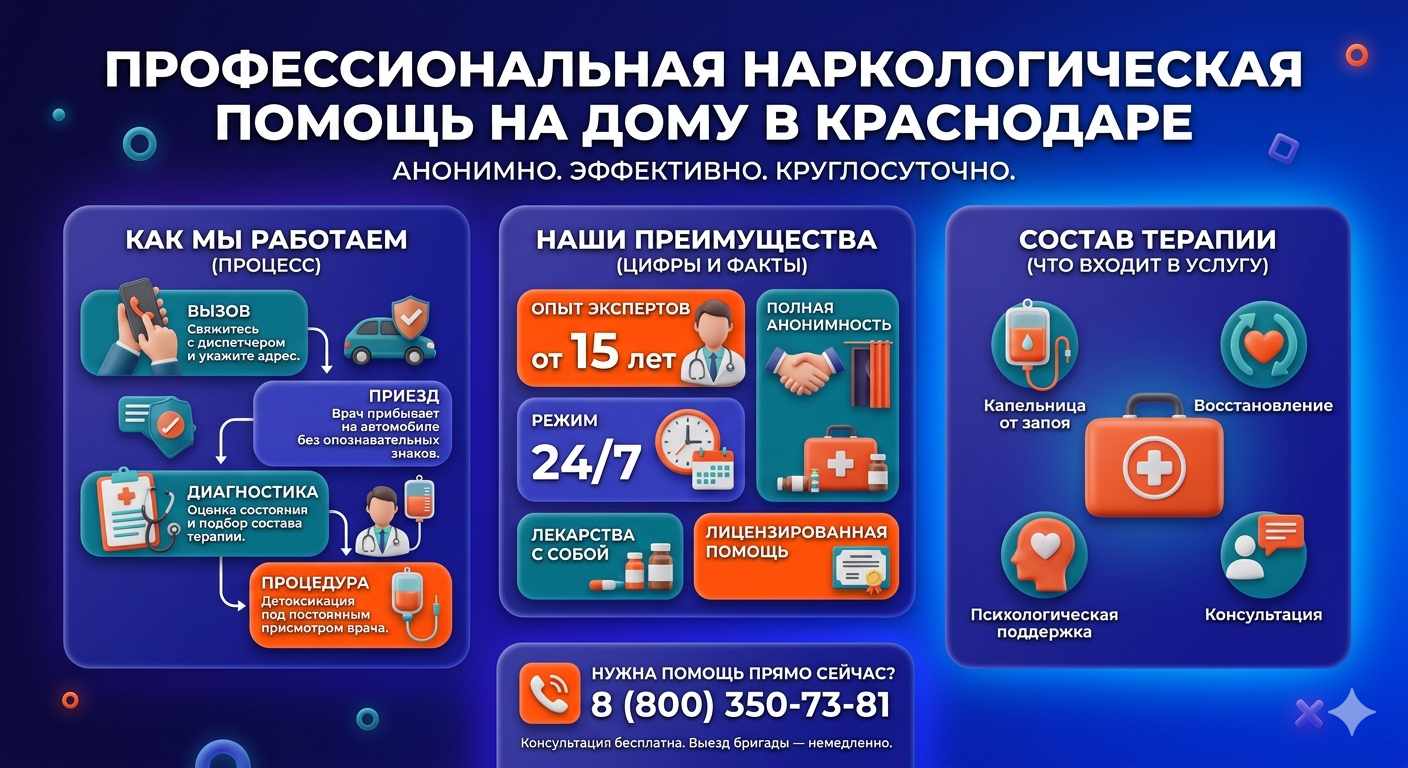 Инфографика о принципах лечения алкоголизма на дому в Липецке: этапы вызова нарколога, преимущества анонимной детоксикации и состав медицинской помощи.